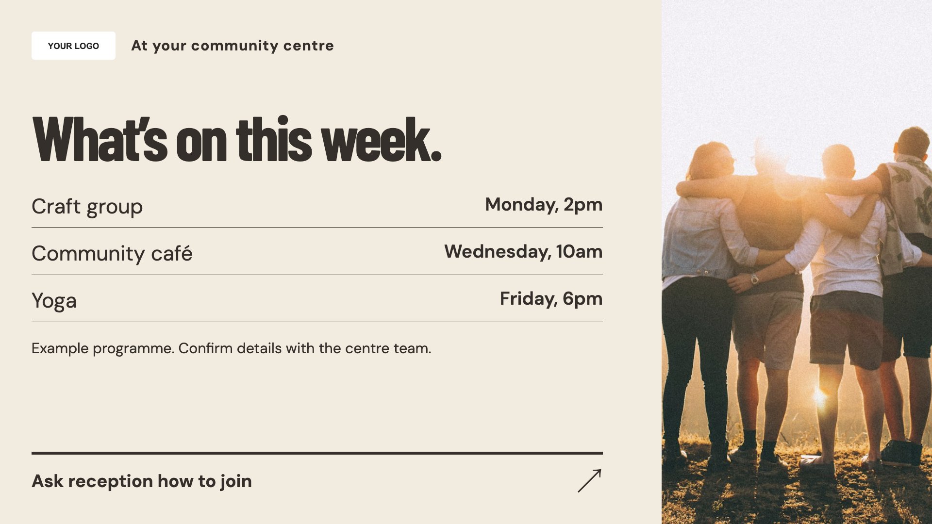 Community centres digital signage template preview