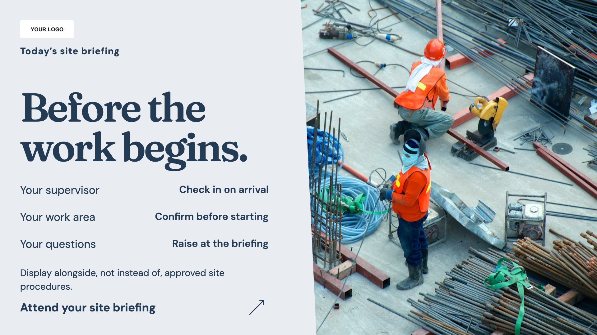Site briefing digital signage example for Construction sites