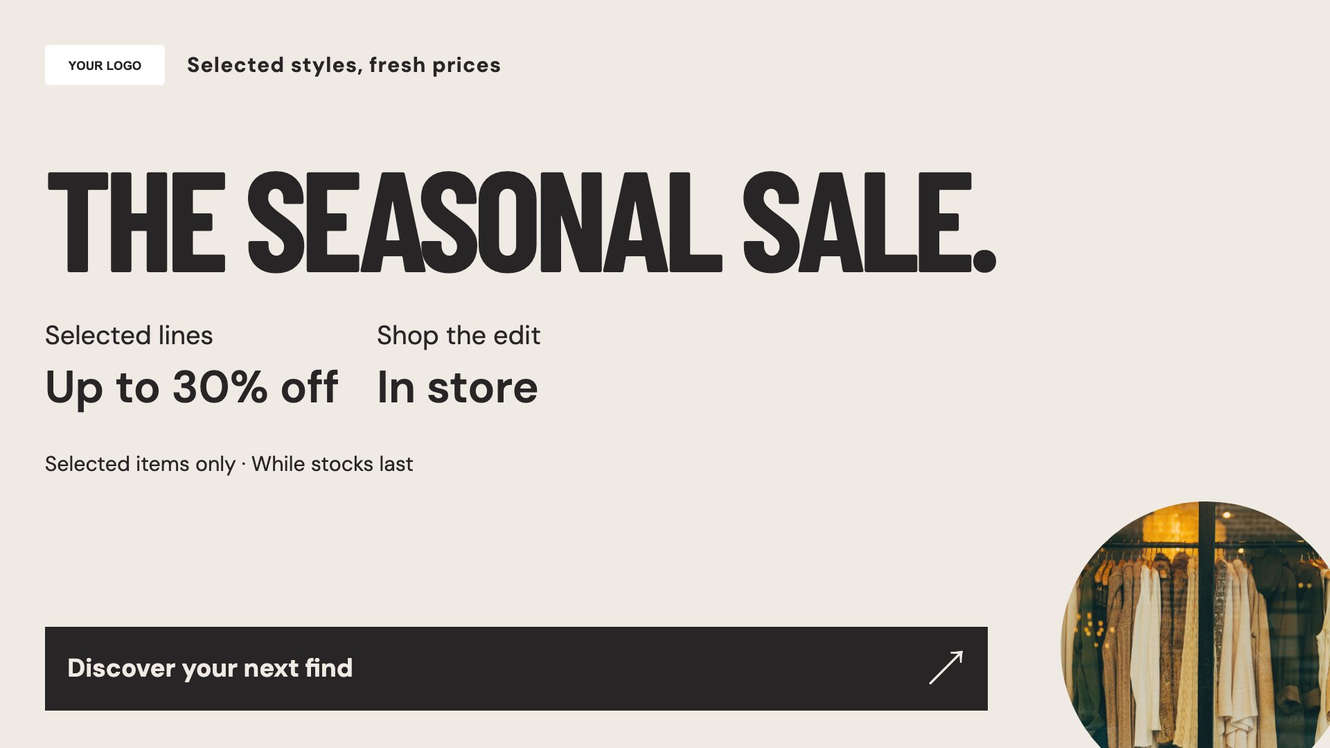 Seasonal sale template for clothes shops and fashion boutiques; sample content