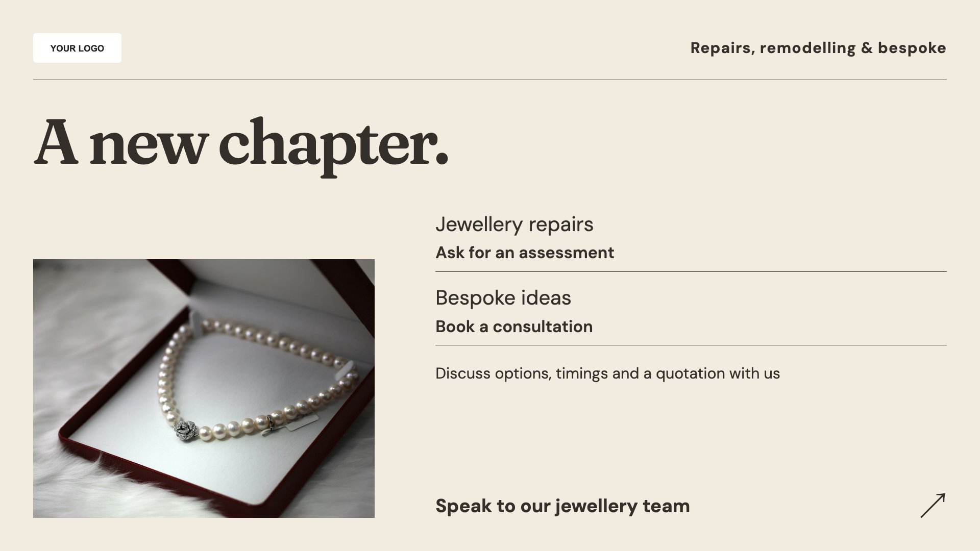 Repairs & bespoke template for jewellers and jewellery boutiques; sample content