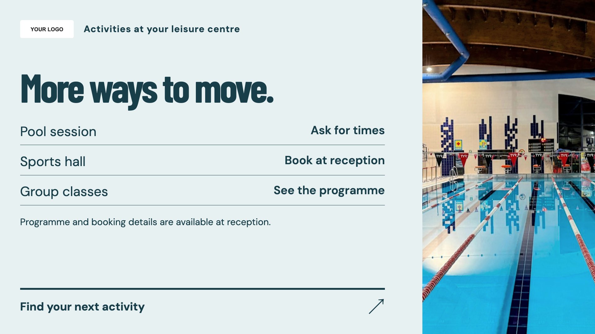 Leisure centres digital signage template preview