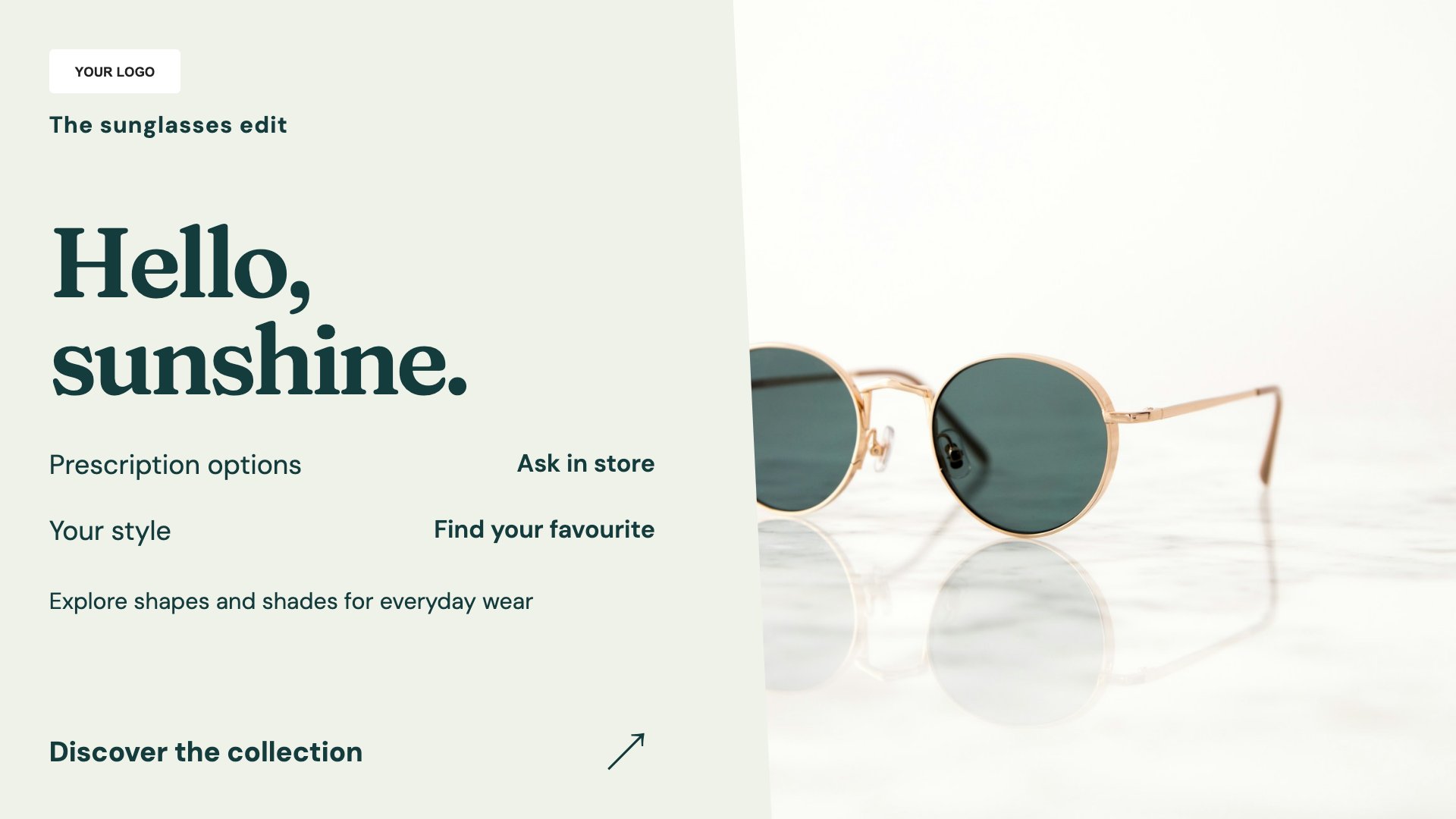 Sunglasses edit template for opticians and optical practices; sample content