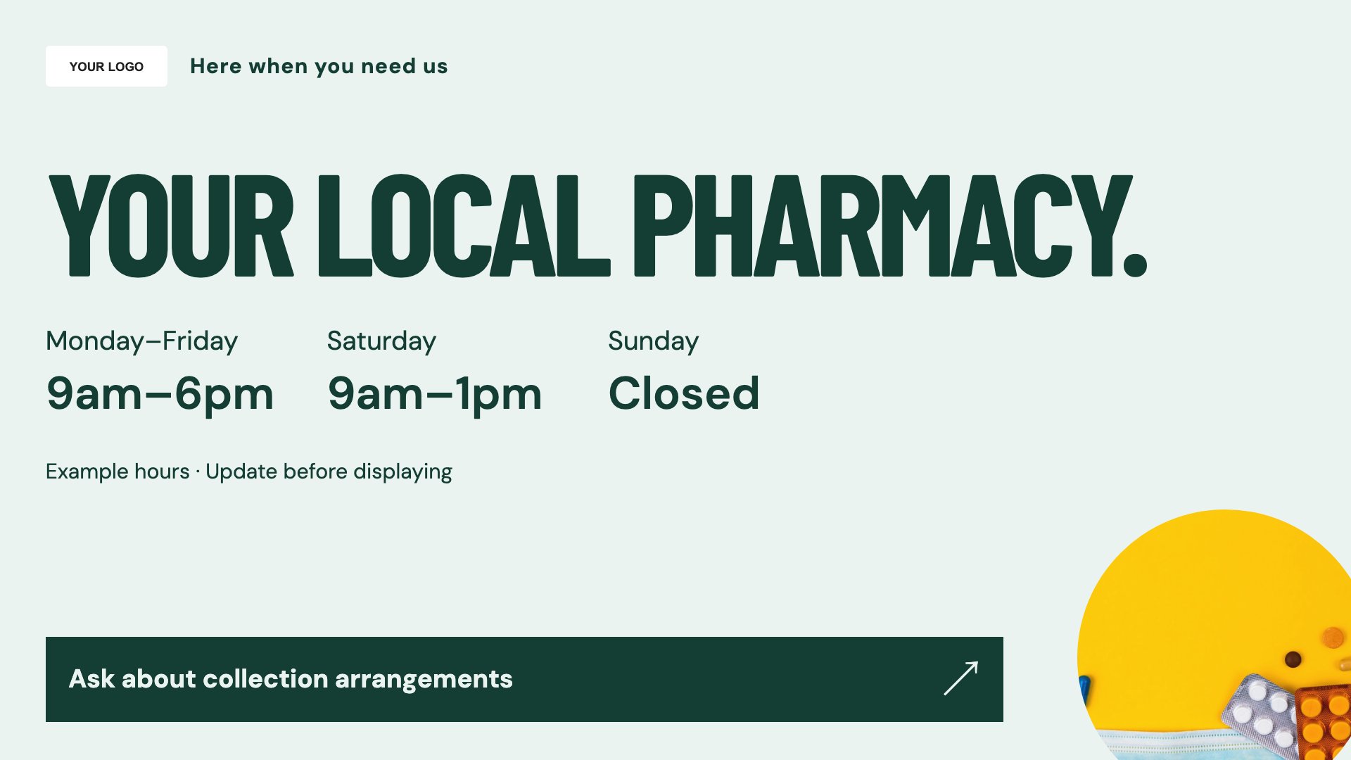 Opening hours template for pharmacies and chemists; sample content