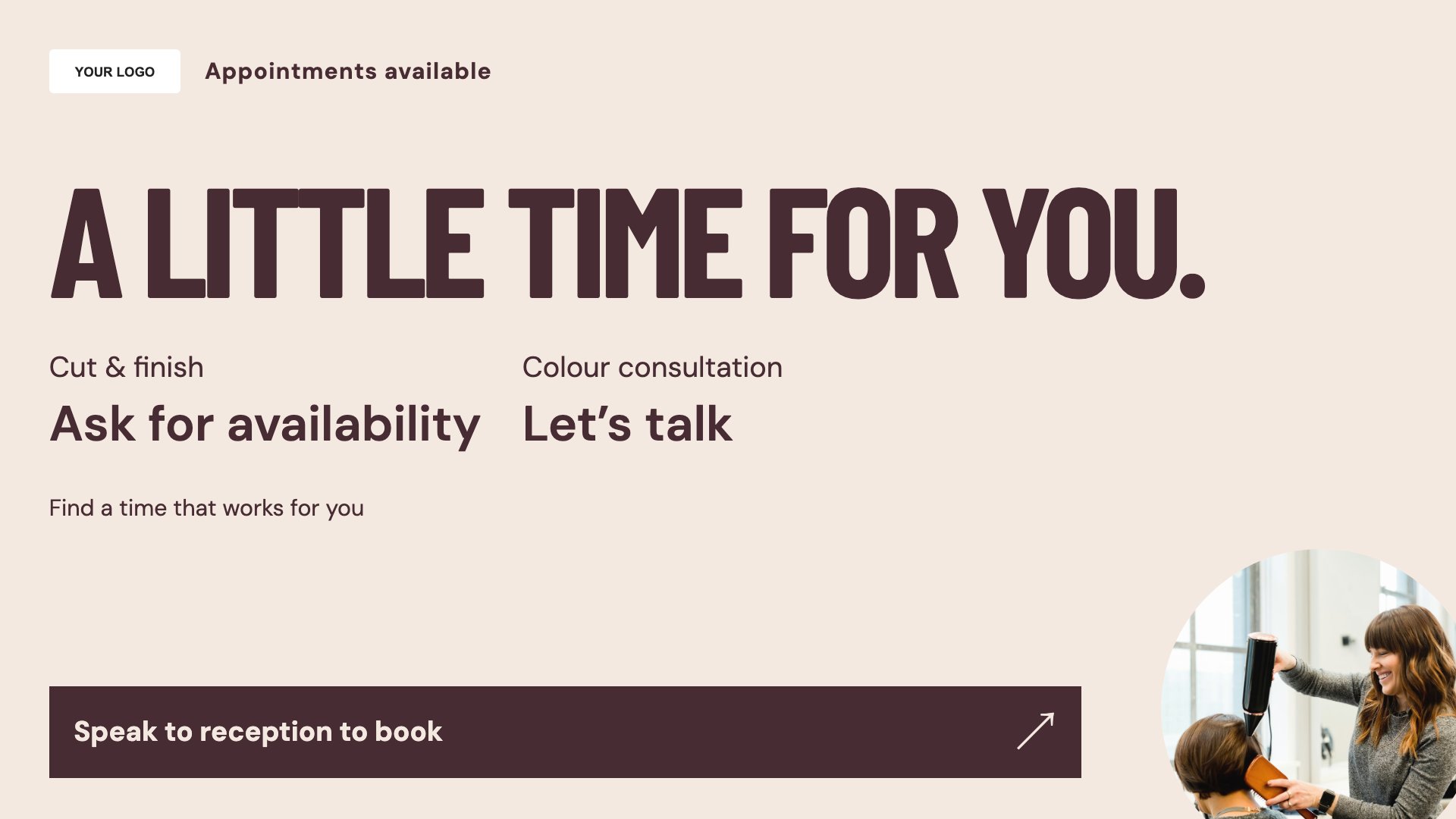Appointment availability template for salons, barbers and beauty businesses; sample content