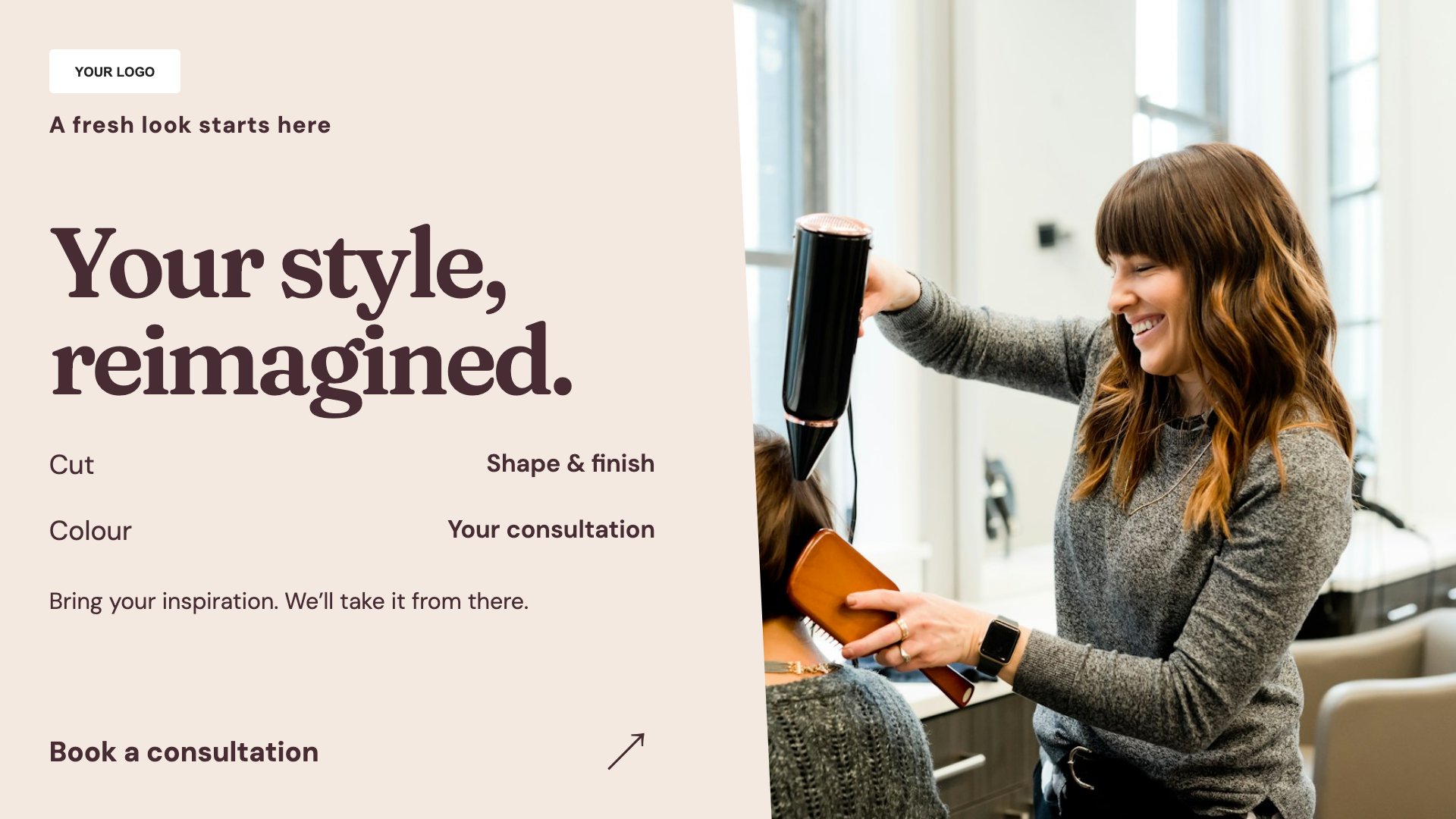 Style showcase template for salons, barbers and beauty businesses; sample content