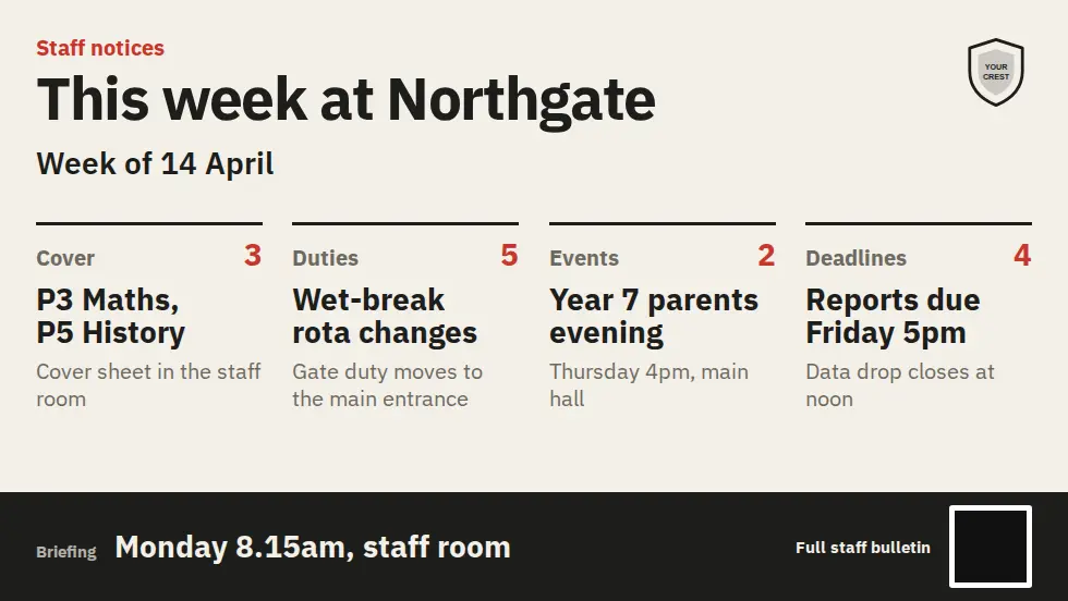 Staff briefing notices on a digital notice board